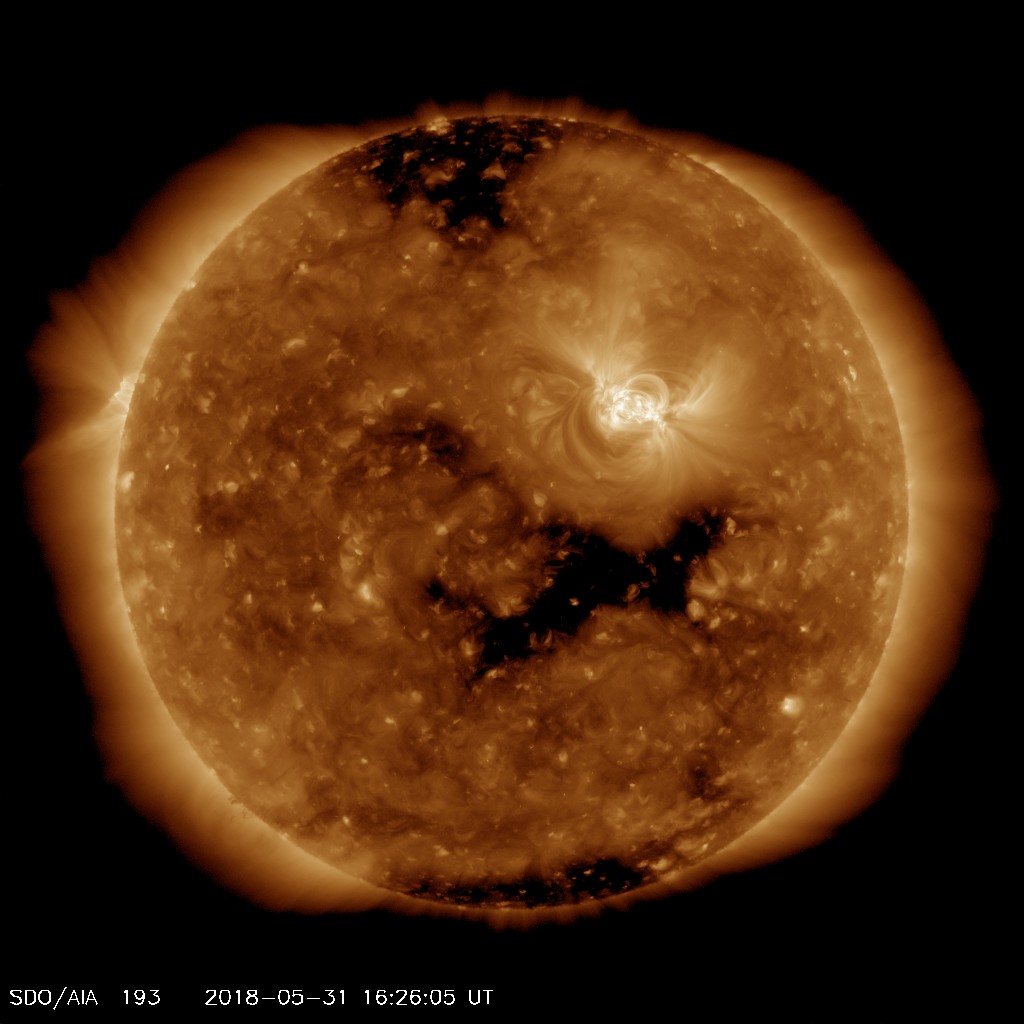 solar image_05-31-2018_AR2018, solar winds plus East Limb activity.jpg